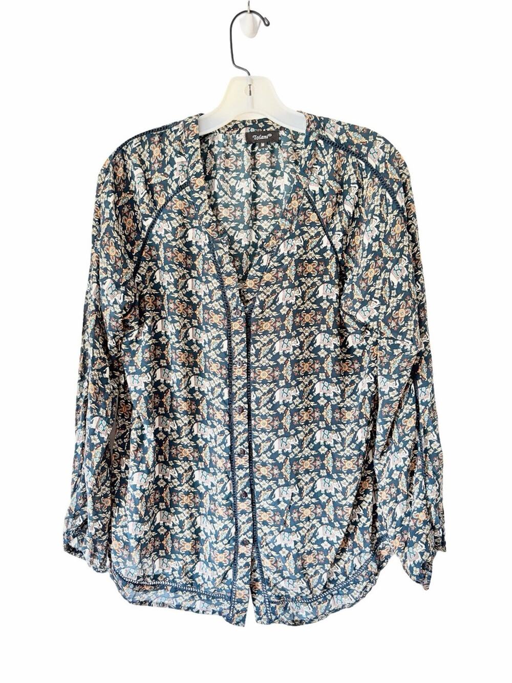 Tolani Silk Teal Blue Elephant V-Neck Long Sleeve Blouse Button Down Medium